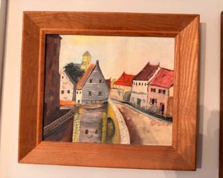 Framed European village painting, wood frame