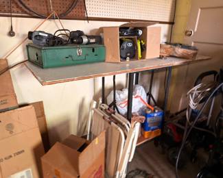 Garage workbench, metal toolbox, power tools, hardware