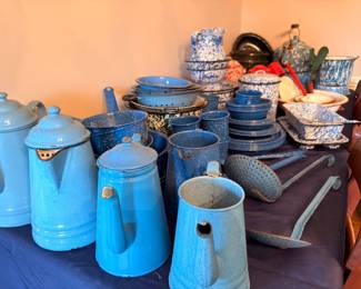 Vintage blue and white enamelware graniteware collection