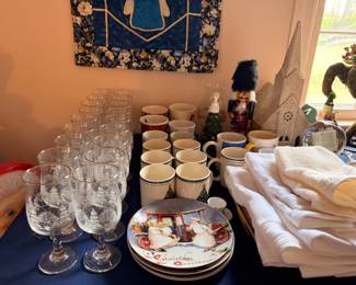 Christmas china plates, crystal stemware, nutcracker, holiday mugs