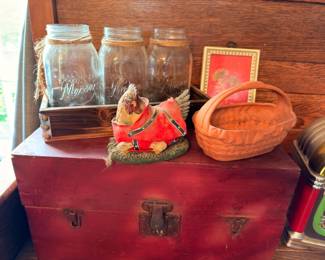 Vintage Mason jars, rocking horse figurine, antique red trunk