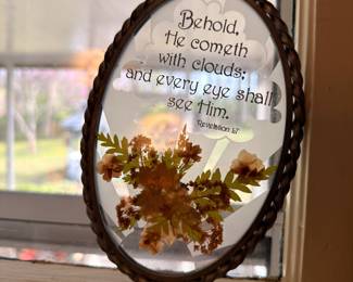 Vintage pressed flower scripture sun catcher, oval frame