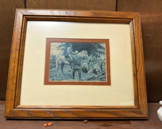 Framed antique equestrian print, oak frame, double matted