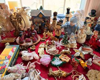 Vintage Christmas ornaments, angel figurines, nativity, snowmen
