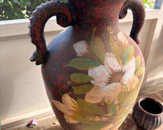 Large hand-painted pottery urn vase, floral design, scroll handles