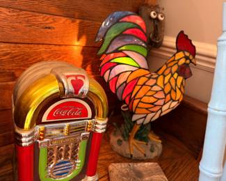 Stained glass rooster lamp, Coca-Cola jukebox radio
