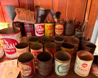 Vintage motor oil can collection, Kendall, Quaker State, Shell X-100