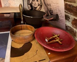 Brass crucifix, wooden bowl, vintage collectibles