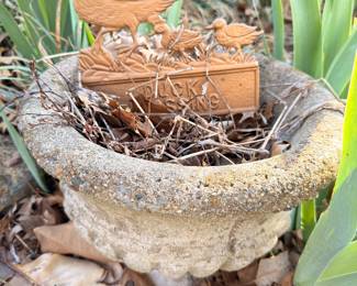 Carved wooden duck with ducklings figurine, concrete birdbath