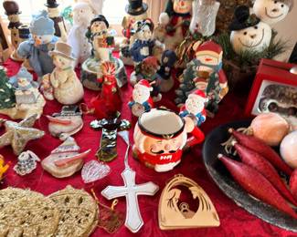Christmas figurines, snowmen, Santa mugs, holiday collectibles