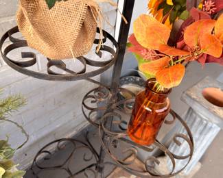 Fall floral arrangements, wrought iron plant stand, porch decor
