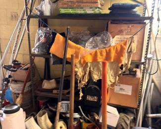 Garage shelving, leather work apron, assorted tools and boxes