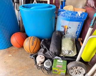 Coleman camping gear, basketball, Wilson football, outdoor sports equipment
