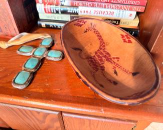 Turquoise and silver concho belt, Native American style, carved wood bowl
