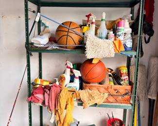 Metal shelving, basketballs, sports equipment, garage items