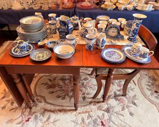 Blue Willow china collection, plates, teapots, cups, vases, clock