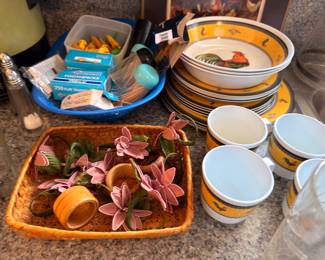 Decorative mugs, serving bowls, plates, kitchen collectibles
