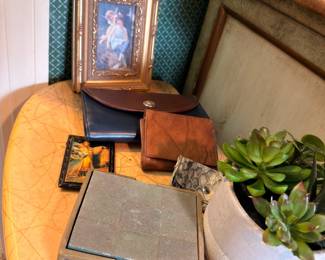 Antique leather-bound Bible, framed portrait, wooden jewelry boxes