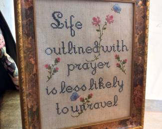 Framed cross-stitch needlework sampler, prayer quote