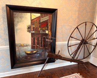 Antique spinning wheel, framed oil painting