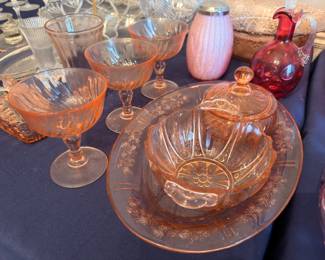 Pink depression glass sherbet glasses, candy dish, cranberry decanter