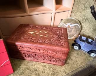 Carved wood inlay jewelry box, vintage cast iron toy car