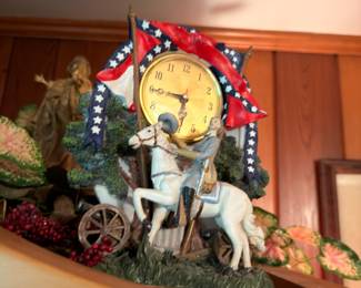 Vintage patriotic mantel clock with horse and rider figurine