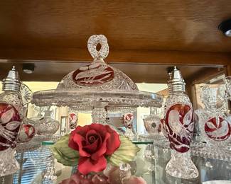 Hofbauer "Byrdes" Collection Ruby Overlay Crystal Candy Dish with Lid