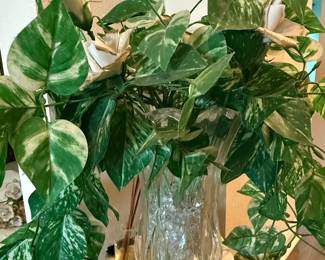 Crystal Vase with Faux Marble Queen Pothos and White Roses