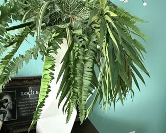 Artificial Boston Fern and Fittonia Arrangement in White Geometric Vase