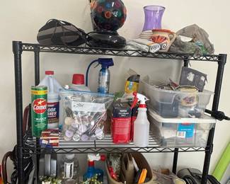 Assorted Household Items on Wire Shelving Unit