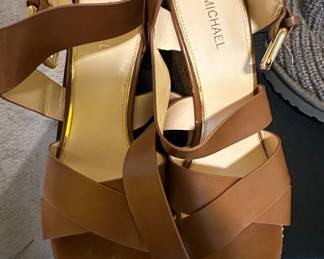 Michael Kors Women's Tan Leather Strappy Wedge Sandals