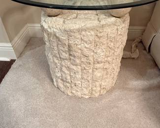 Postmodern Tessellated Mactan Stone Side Table with Glass Top