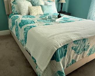 Upholstered Tufted Headboard Queen Bed Frame with Tropical Bedding