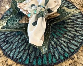 Pier 1 Beaded Peacock Teal Blue Green Glass Beads Placemat with Organic Green Glass Charger Plate, Floral Napkin and Beaded Napkin Ring
