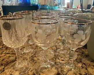 Princess House Heritage Crystal Wine Glasses with Gold Rim and Etched Floral Design