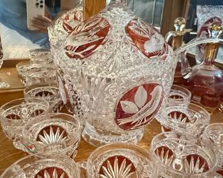 Hofbauer "The Byrdes Collection" Ruby Red Cut-to-Clear Crystal Decanter and Tumbler Set