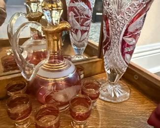 Hofbauer Byrdes Collection Ruby Red Cut-to-Clear Crystal Decanter Set with Vases