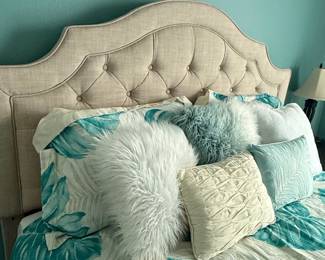 Upholstered Tufted Headboard Queen Bed Frame with Tropical Bedding