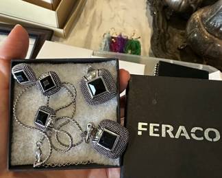 Feraco Black Stone and Silver-Tone Pendant Necklace and Earrings Set