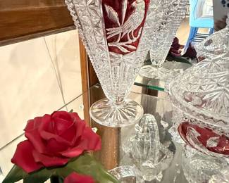 Hofbauer Byrdes Collection Ruby Overlay Cut Crystal Fan Vase