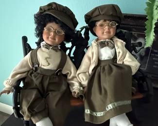 Vintage Porcelain Doll Set with Miniature Bench - "Farm Twins" by Marian Yu Designs