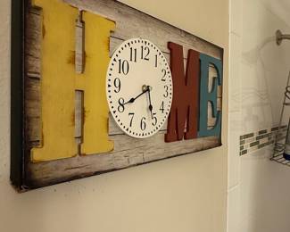 Wooden "HOME" Wall Clock with Faux Wood Grain Background and Distressed Finish