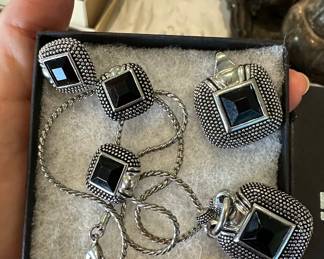 Feraco Black Stone and Silver-Tone Pendant Necklace and Earrings Set