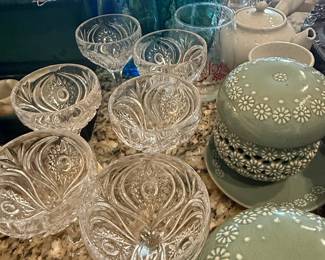 Vintage Cut Crystal Footed Bowls and Blue Glassware Set