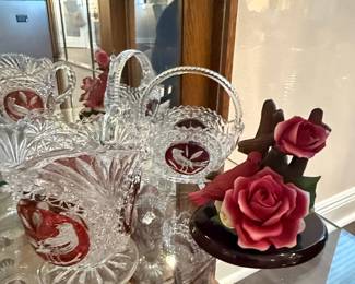 Cut Crystal Basket with Red Bird Medallions and Ceramic Cardinal Arrangement