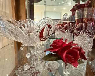 Hofbauer "Byrdes Collection" Ruby Red Crystal Bowl and Tumblers