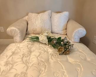 Cream Upholstered Chaise Lounge with Floral Brocade