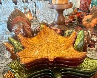 Set of 5 Amber, Green, and Reddish-Brown Glass Leaf Dishes