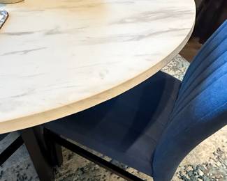 Roundhill Furniture Wendell Blue Velvet Channel Tufted Dining Chairs and Marble-Look Table Set